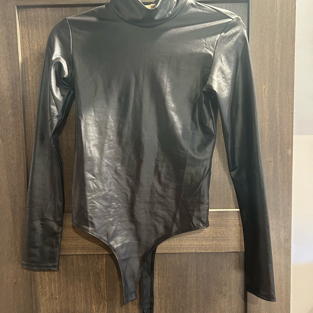 Sleek Black Faux Leather Bodysuit with High Neck and Long Sleeves